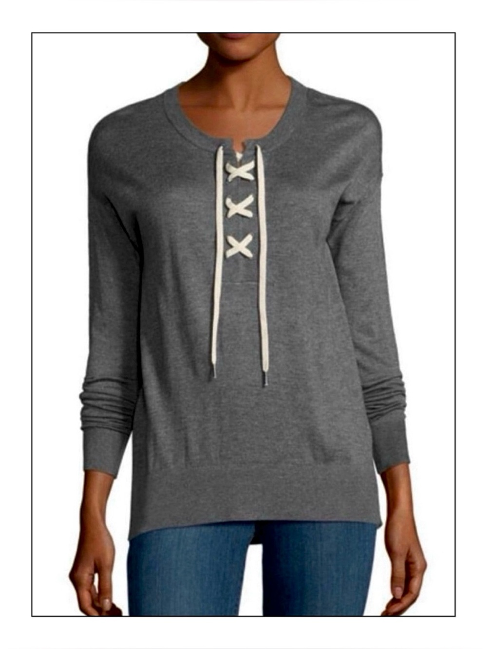 Splendid Lightweight Pullover Long Sleeve Lace-up Cashmere Blend Knit Top